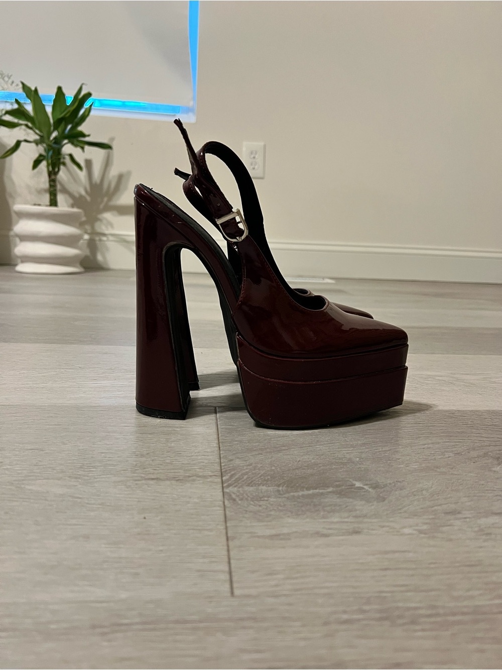 Dark Burgundy Patent Platform Slingback Heels
